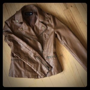 Cognac faux leather asymmetrical moto jacket